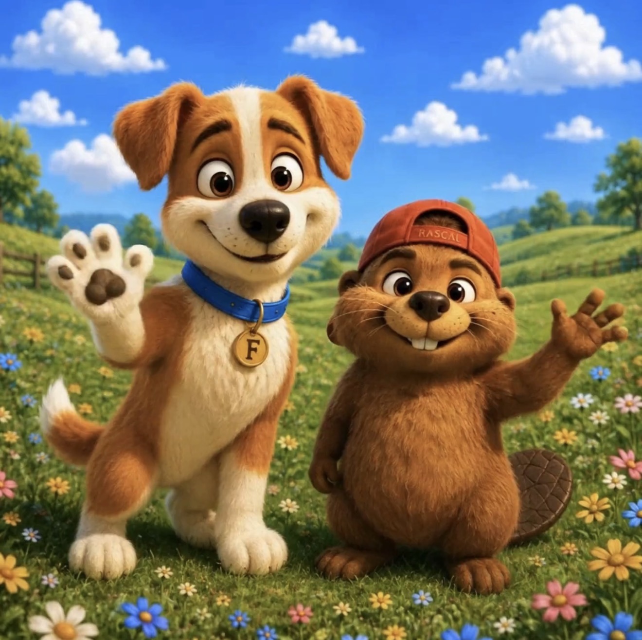 Frisky and Rascal waving together in a sunny field