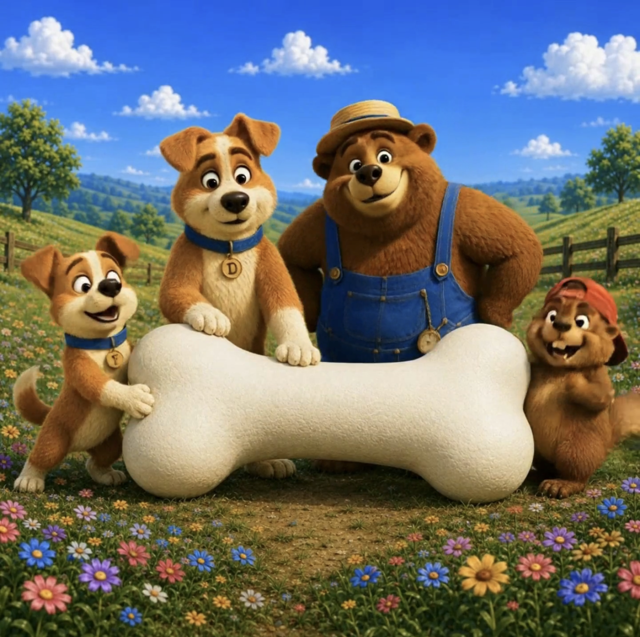 Frisky, Dad, Mr. Bear, and Rascal together